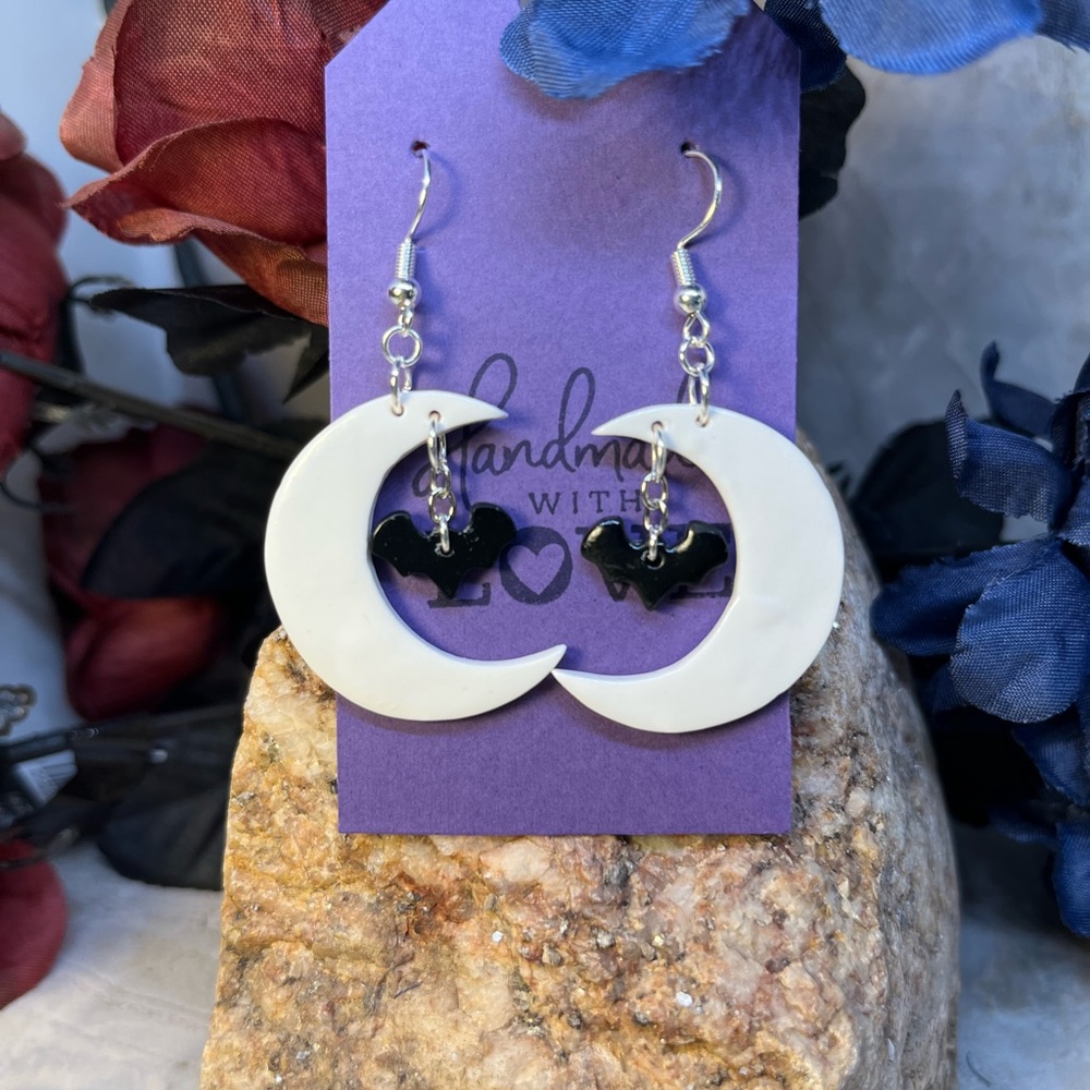 Black Bat and moon Earrings